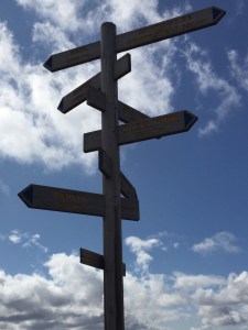 hiking sign post pointing to various cities around the world